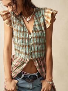 Bohemela Boho Woven Plaid V-Neck Slit Dolman Sleeve Mid-Length Dress For Women - Multicolor - View 2