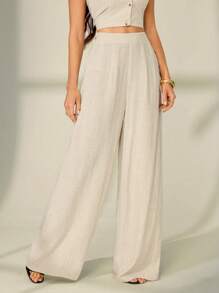 SHEIN Tall 女士休闲舒适高腰亚麻阔腿直筒裤，适合通勤、办公室、居家、度假，杏色 - 杏色 - 查看 6