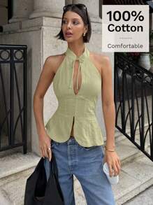 Siren Gaze 女式系带镂空修身吊带背心上衣、开衩衬衫短款上衣 - 綠色 - 查看 3