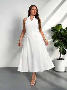Firerie Đầm midi chữ A cổ chữ V tối giản thanh lịch cỡ lớn dành cho nữ, thích hợp mặc đi làm hàng ngày, màu trắng - trắng - Xem 1