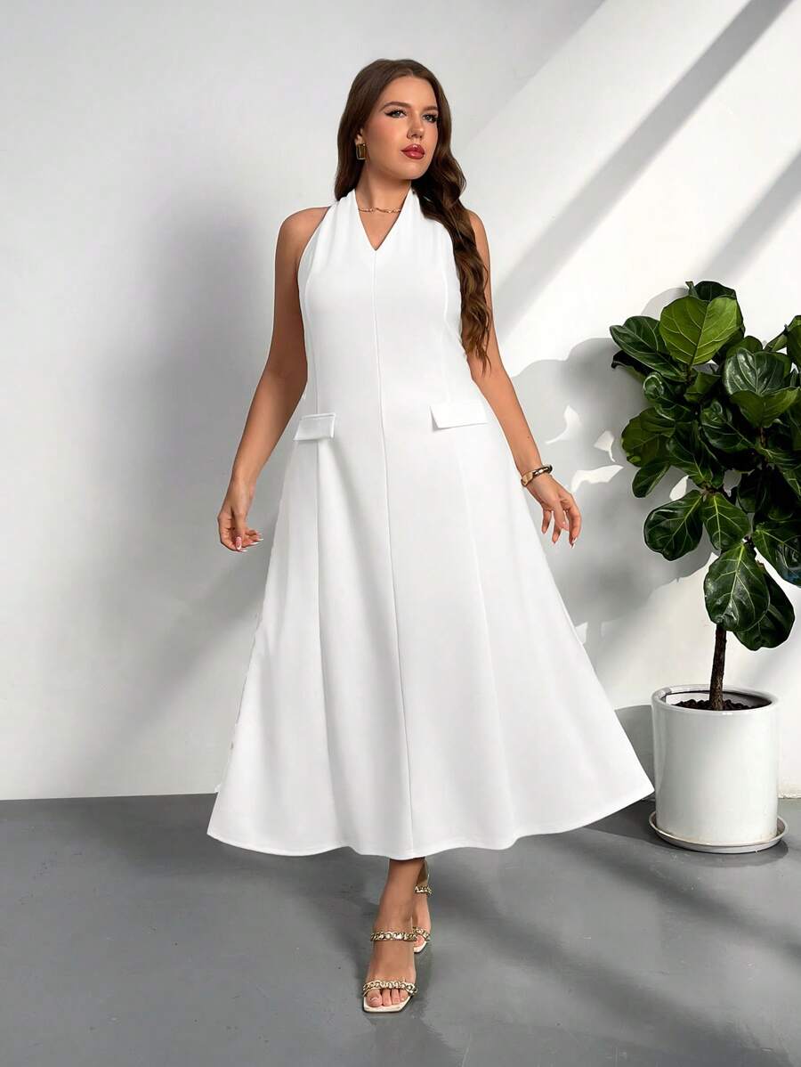 Firerie Đầm midi chữ A cổ chữ V tối giản thanh lịch cỡ lớn dành cho nữ, thích hợp mặc đi làm hàng ngày, màu trắng - trắng - Xem 1