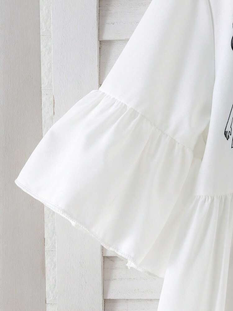 女童彩色卡通印花简约时尚休闲翻领连衣裙 - 白色 - 查看 7