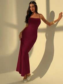 Aloruh Elegant Solid Color Sexy Backless Tie Design Sleeveless Formal Gown Beach Summer Dresses For Women - Burgundy - View 6