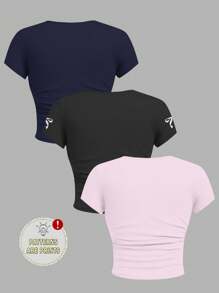 SHEIN Leap Crew 3pcs Set Tween Girls Slim Fit Casual Solid Knit Tops With Ruched Collar, Leopard Print Number Graphic, And Bow Print, Short Sleeve - Multicolor - View 2