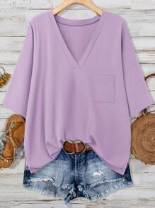 SHEIN LUNE Áo thun nữ cổ chữ V cỡ lớn màu xanh lá cây có túi mùa hè bằng cotton - Màu Lilac Tím - Xem 1