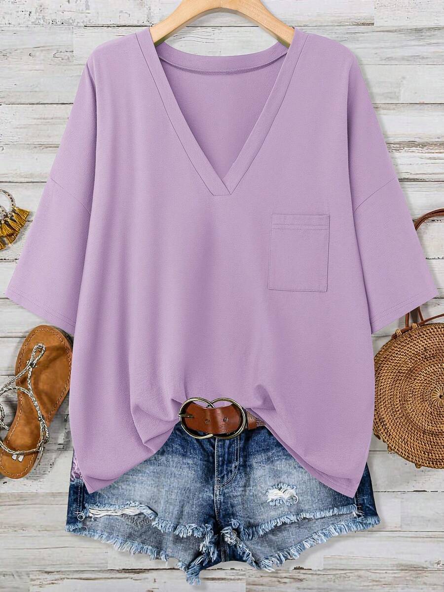 SHEIN LUNE Áo thun nữ cổ chữ V cỡ lớn màu xanh lá cây có túi mùa hè bằng cotton - Màu Lilac Tím - Xem 1