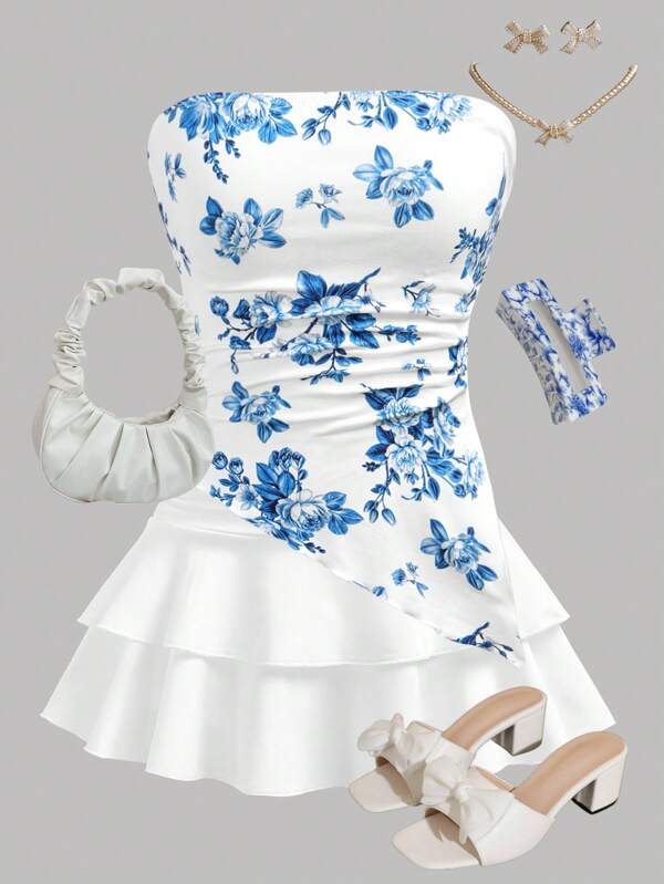 Girlism Conjunto de 2 piezas para adolescentes de top acortado tipo corsé con estampado floral azul y blanco, talla grande falda mini asimétrica con volantes en multicapa