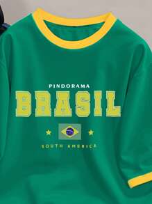 Claim Dot Men's Patchwork T-Shirt Manfinity Hypemode, Green & Yellow Brazil Football Sports Element & Letter Print Pattern, Contrast Color Patchwork Short Sleeve Sport Jersey Baseball Shirt - Green - View 3