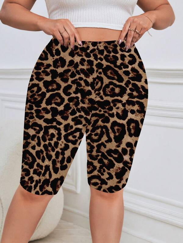 SHEIN Essnce Plus Size Women Leopard Print Full Pattern Casual Leggings, Suitable For Spring/Summer