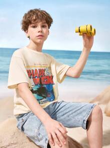 Shark Week X SHEIN Tween Boys Casual Apricot Shark Print Short Sleeve T-Shirt