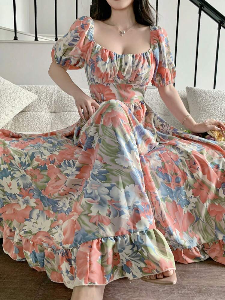 Modelyn Vestido midi de mujer de manga corta con cintura fruncida y estampado floral - Multicolor - Añade 4