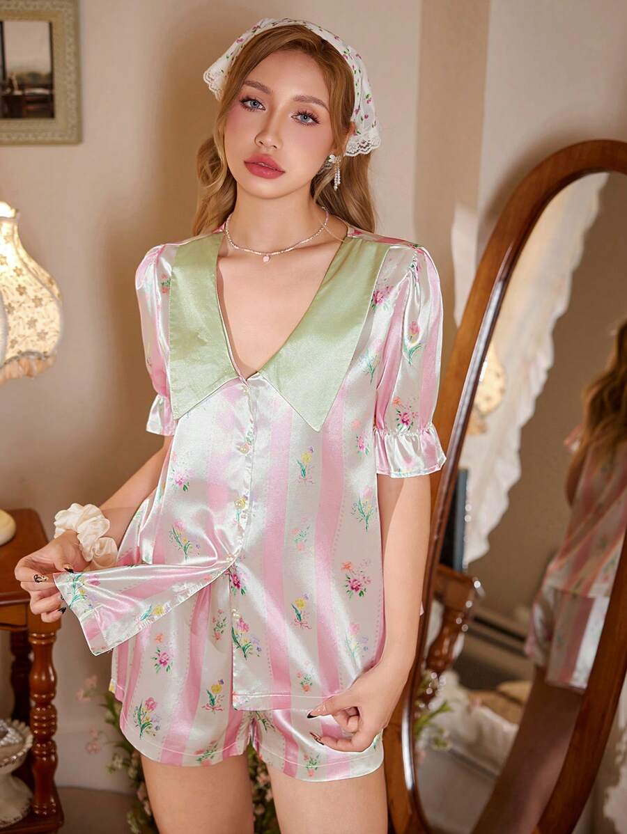 SHEIN Contrast Color Floral Print Lapel Short Sleeve Short Pajama Set - Pink - View 1