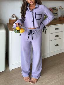 SHEIN Bộ đồ ngủ dài tay viền màu tương phản dành cho nữ, trang phục thu đông - Màu tím - Xem 4