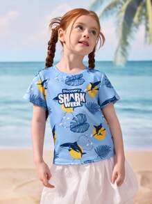 Shark Week X SHEIN Young Girl Summer Casual Shark Print Round Neck Short Sleeve T-Shirt - Multicolor - View 4