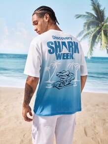 Shark Week X SHEIN 男士渐变鲨鱼印花圆领短袖T恤，夏季 - 彩色 - 查看 4