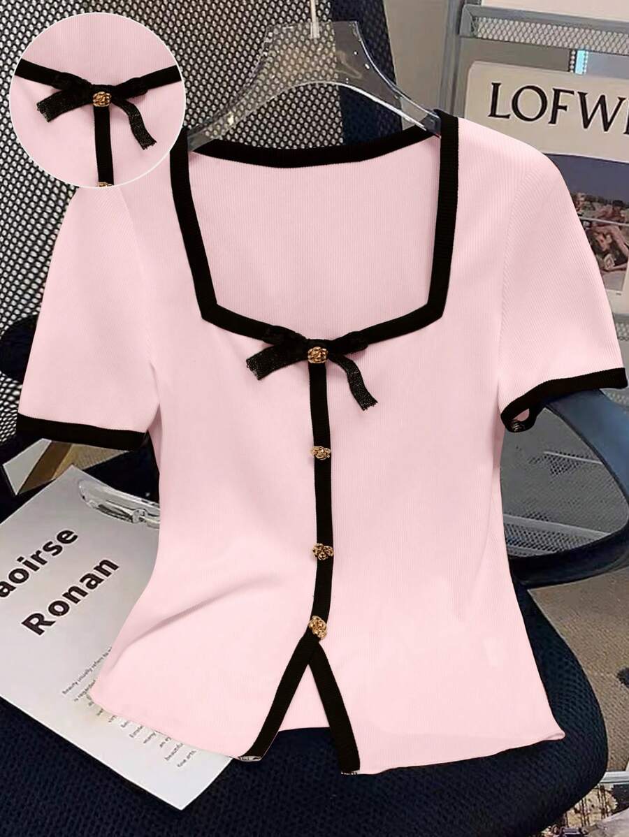 GlowEve Women's Knit Mixed Short Sleeve Casual Metal Button Sequin Bowknot Fitted T-Shirt, Round Neck, Summer Vacation (Random Pattern) - Pink - View 1