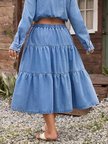 SHEIN LUNE Jupe en jean décontractée avec taille élastique et volants, grande taille grande, été - Jean bleu - Voir 2