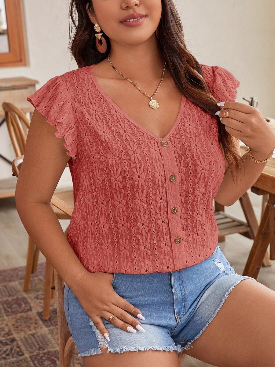 SHEIN Frenchy Áo thun tay lỡ thêu rỗng màu trơn mùa hè - Màu Hồng  Dưa hấu - Xem 1