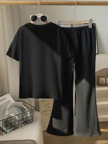 少女夏季休闲蝴蝶印花T恤和喇叭裤套装 - 黑色 - 查看 2