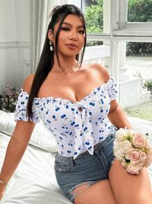 Flirla 大码樱桃印花前结短袖紧身衣 - 藍色 - 查看 4