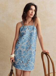 Écloséra Women's Vintage Elegant Slim Fit Sleeveless Hollow Out Embroidered Summer Dress