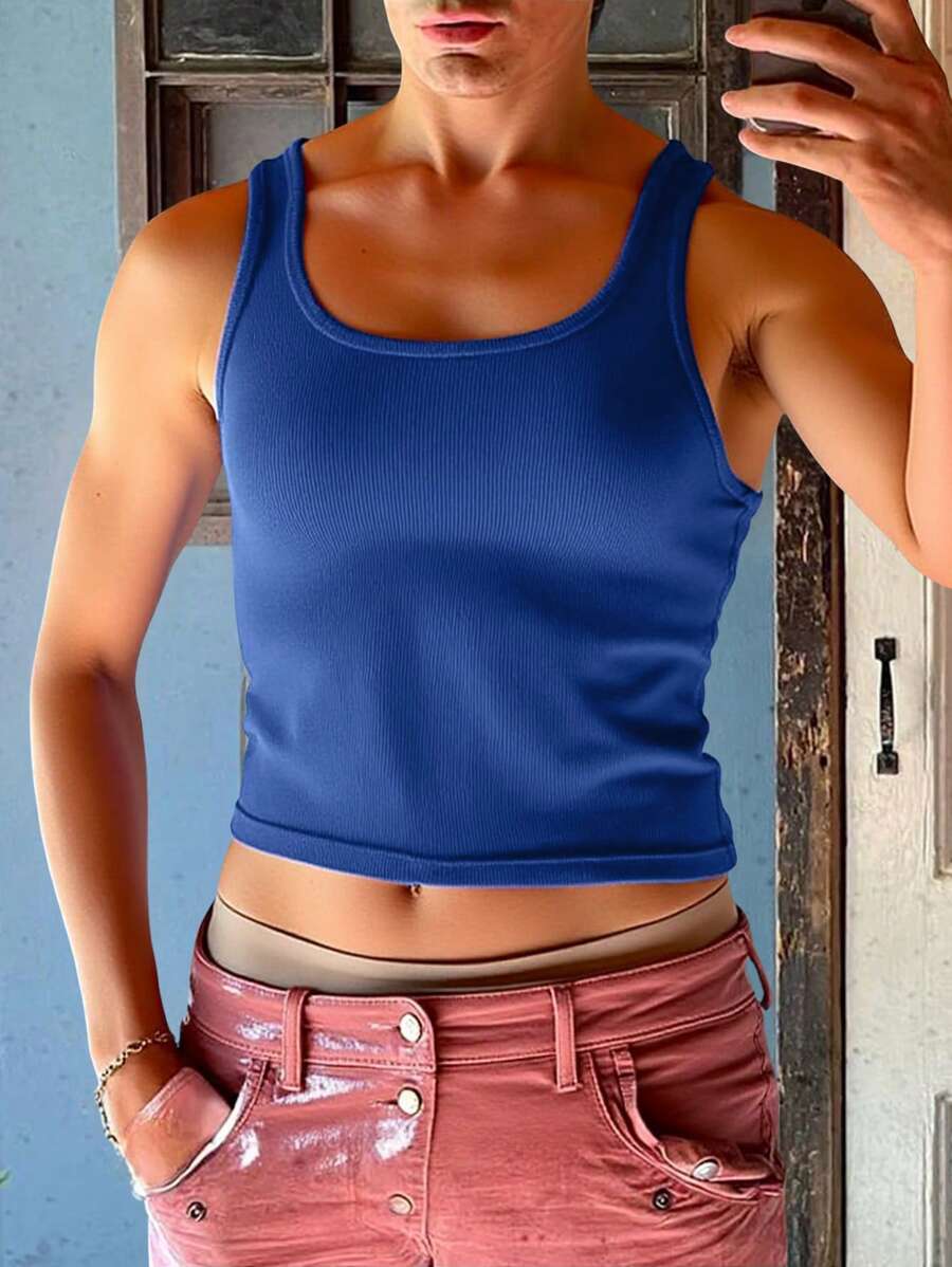 Manfinity Dauomo Men's Plain Round Neck Cropped Casual Sleeveless Blue Tank Top - Blue - View 1