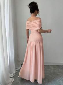 Modelyn 女式纯色弹性纹理拼布透视露肩连衣裙 - 粉色 - 查看 2