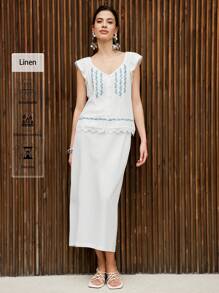 Uhlyne Spring & Summer V-Neck Embroidered Blue Sleeveless Open Front Casual Short Shirt With Lace Trim - White - View 6