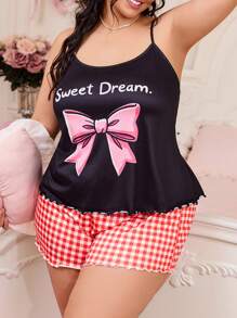 SweetSlumber Plus Size Bowknot Printed Cami & Plaid Shorts Pajama Set - Multicolor - View 6