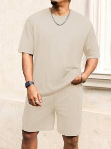 Manfinity Homme Plus Size Men Summer Casual Solid Color T-Shirt & Shorts Set - Beige - View 4