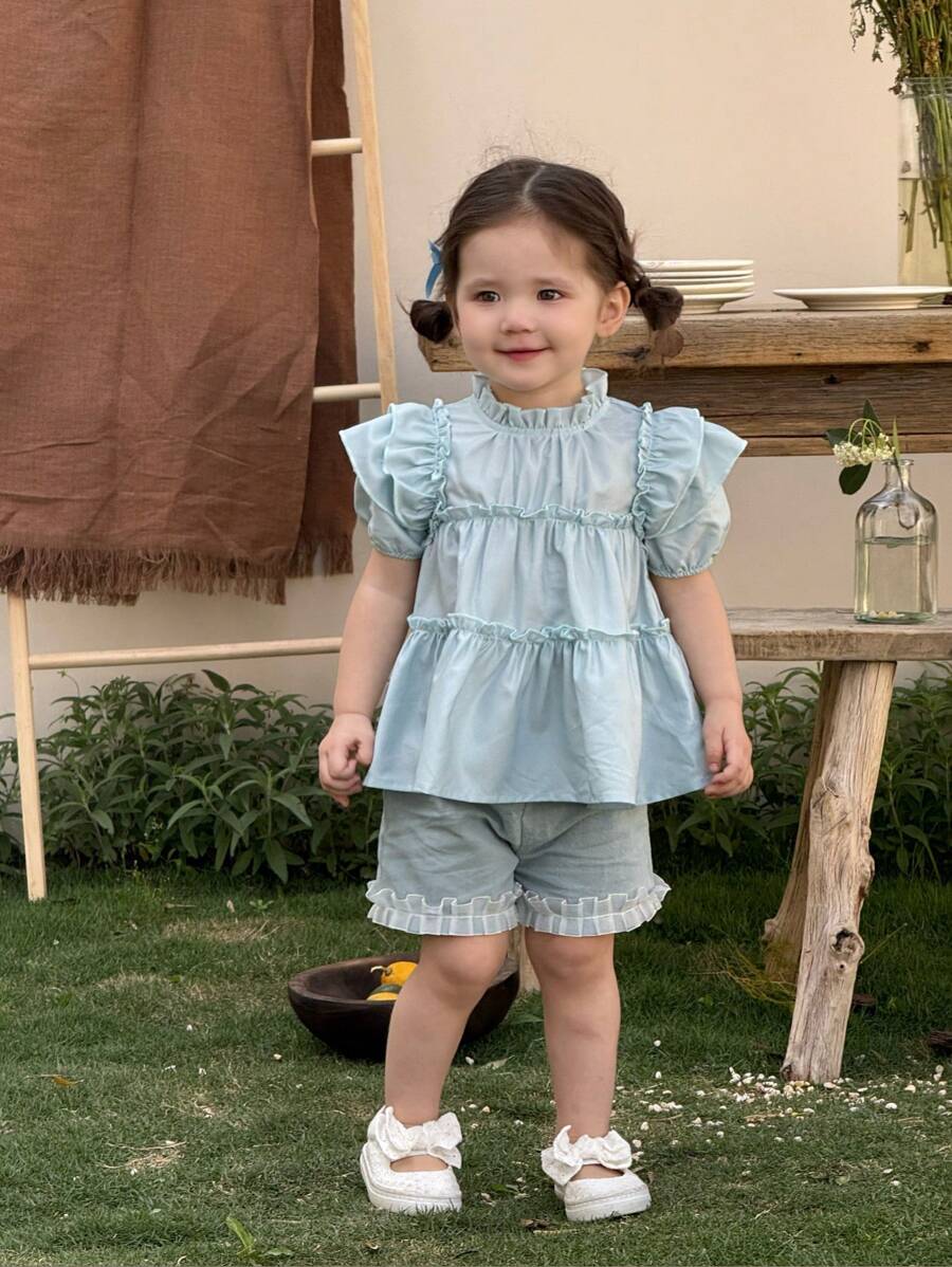 SHEIN Cute Babygirl Summer Vacation Light Blue-Green Ruffle Trim Top And Elastic Waist Shorts Set