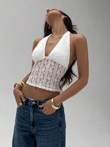 Aloruh Elegant Halter Tie-Up Lace Women Camisole - White - View 1