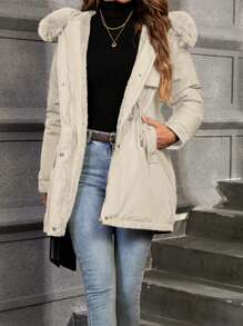 Aveloria Modichic 女士休闲纯色抽绳腰部蓬松连帽加厚棉服外套，冬装 - 米色 - 查看 5