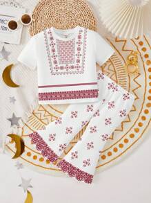 Baby Girl Casual Floral & Geometric Print Short Sleeve Round Neck Top And Pants Set, Suitable For Spring/Summer - Multicolor - View 2