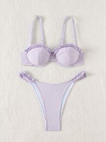 SHEIN Swim Women's Summer Vacation Beach Outfits, Striped Ocean Style Ruched Sexy Floral Decorated Bikini Set - Blue - View 7
