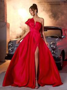 Glamrae Elegant Luxury Satin Ruched Extra Large Bow Maxi Dress With High Slit, Sexy Formal Gown For Weddings, Parties, Events, Cocktail, Party Dress, For Evening, Wedding Guest,Graduation,Teacher Outfits For Women,Teacher Dress - Red - View 1