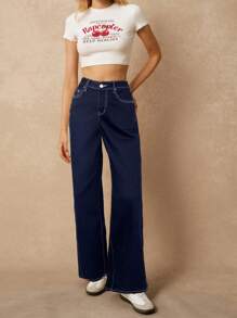 Poéselle 女式宽松直筒休闲牛仔裤，带口袋，百搭 - 深色水洗藍 - 查看 5