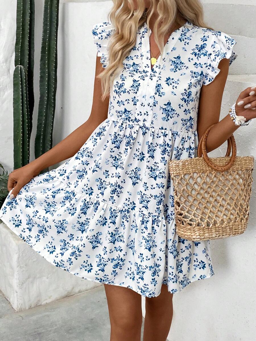 SHEIN PETITE Váy ngắn thanh lịch in họa tiết cổ chữ V sâu cho nữ - Xanh và trắng - Xem 1