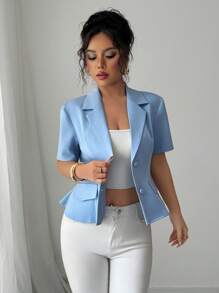 Elenzga 女士优雅通勤时尚奢华收腰修身深蓝色泡泡袖高端西装外套，适合工作、休闲、度假、商务、母亲节、教师节 - 藍色 - 查看 3