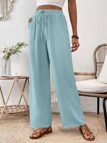 Chiquease Quần dài thường ngày co giãn, có dây rút, họa tiết nhăn, thoải mái, mùa xuân/hè - Màu xanh nhạt - Xem 4