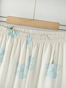 两件套：少女紫色纯色优雅上衣和印花休闲裤，家居服 - 藍色 - 查看 4