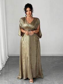 Elenzga Plus Size Women's Hot Selling V-Neck Split Waist A-Line Metallic Print Elegant Slimming Evening Dress For High-Level Banquet, Party, Business, Off Shoulder, Romantic, Super Long, Formal Gown - Gold - View 6
