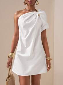 Zivah 2025 Spring/Summer New Music Festival, Easter, St. Patrick's Day, Western, Nomadic, Birthday, Graduation, College, Student, Casual, Vacation, Cruise, Beach, Sunbathing, Street Style, Elegant White Asymmetric Ruched Puff Sleeve Mini Dress - White - View 7