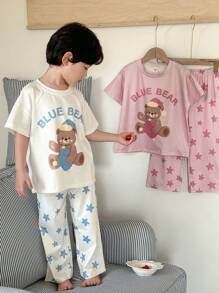 SHEIN 2pcs Young BoyCute Bear Star Print Drop Shoulder Short Sleeve Top And Elastic Waist Pants Home Wear Set Young Boys Suit Set Kids Sleep Wear - White - View 1
