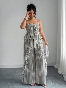 Elenzga Bộ 2 áo hai dây kẻ sọc mùa hè cỡ lớn cho nữ và quần ống rộng, phong cách đồng quê giản dị, kỳ nghỉ lãng mạn, tối giản thanh lịch, thời trang cổ điển, thích hợp để đi làm và mặc đi làm - Nhiều màu - Xem 3