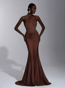 Elitara 优雅、浪漫、性感、简约棕色弹力抹胸露背修身打结透视时尚网红连衣裙，适合节日、生日派对、婚礼、伴娘 - 鏽棕色 - 查看 5