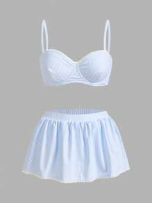 Swim Mod Miu Style Blue And White Striped School Style A-Line Pleated Skirt & Cute Chic Swimsuit Set - Blue and White - View 1