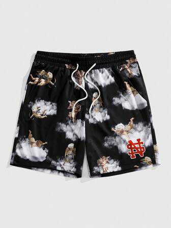 Street Life Pantalones cortos de verano casuales para hombres con estampado total y cintura con cordón