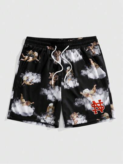 ROMWE MEN Street Life Pantalones cortos de verano casuales para hombres con estampado total y cintura con cordón