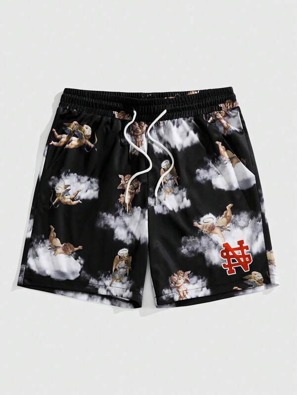 ROMWE MEN Street Life Pantalones cortos de verano casuales para hombres con estampado total y cintura con cordón